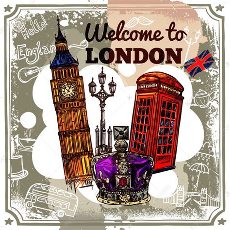 欢迎来到伦敦素描海报与旅游景点和符号矢量图。素材图片免费下载-千库网