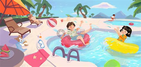 蓝色清新五彩海滩卡通形状风景暑假旅游假期海报背景免费下载 - 觅知网