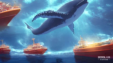 #AI创作实验室#一片大海，中间有艘船，一群鲸鱼_JonasHuang-站酷ZCOOL