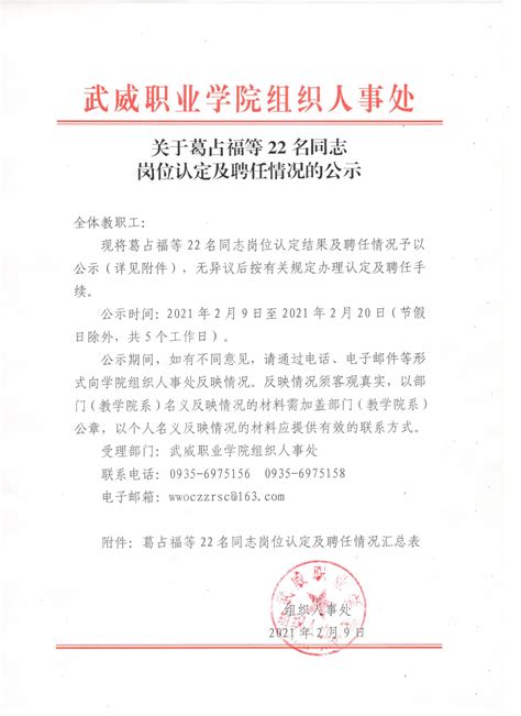 关于葛占福等22名同志岗位认定及聘任情况的公示 - 组织人事处（党委教师工作部） - 武威职业学院欢迎您 - Welcome to WuWei ...