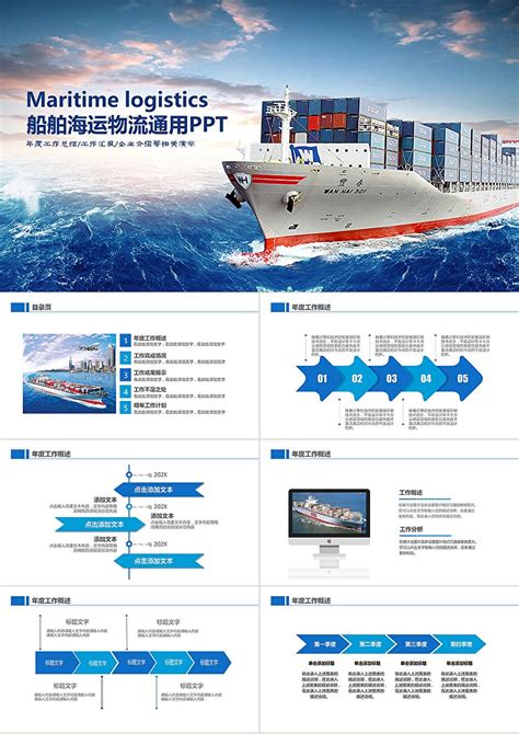 商务清新简洁动感轮船船舶运输海运海淘物流集装箱PPT_卡卡办公