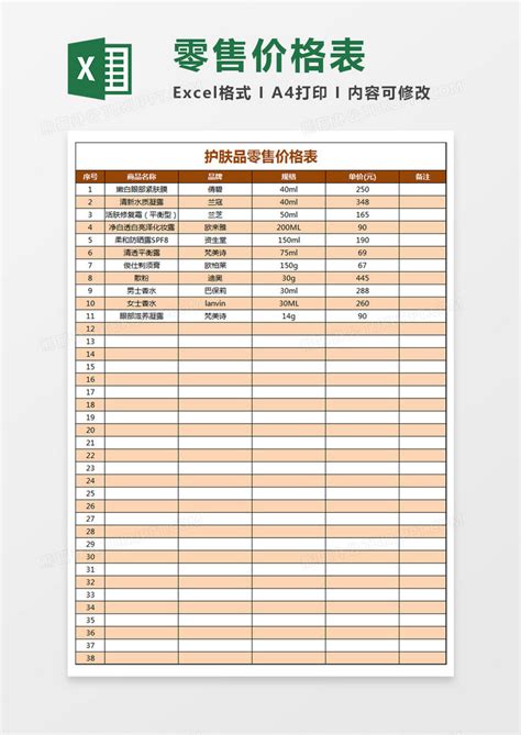 护肤品零售价格表Excel模板下载_熊猫办公