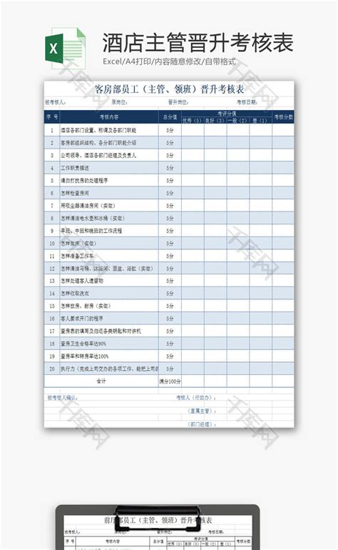 人力资源酒店客房主管考核表Excel模板_千库网(excelID：83600)