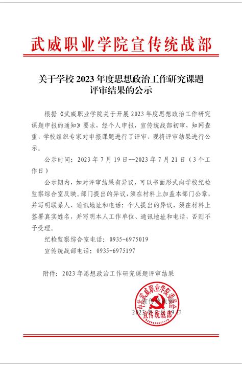 关于学校2023年度思想政治工作研究课题评审结果的公示 - 宣传统战部 - 武威职业学院欢迎您 - Welcome to WuWei ...