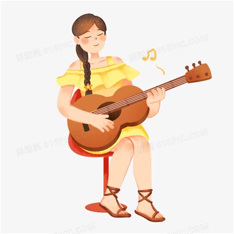 弹吉他的女孩卡通插画素材图片免费下载-千库网