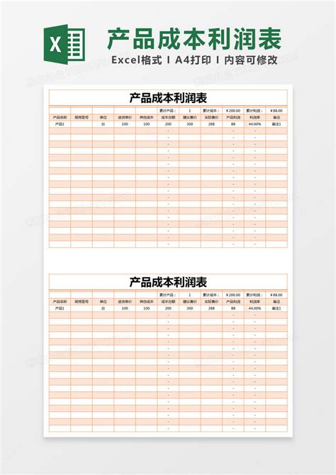 橙色简约产品成本利润表模版Excel模板下载_熊猫办公