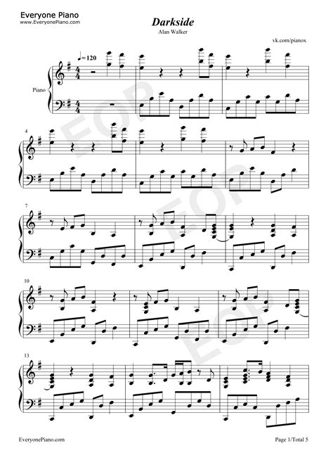 Darkside-Alan Walker-钢琴谱文件（五线谱、双手简谱、数字谱、Midi、PDF）免费下载