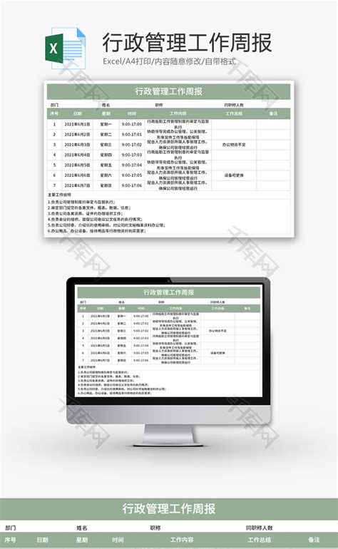行政管理工作周报Excel模板_千库网(excelID：148890)