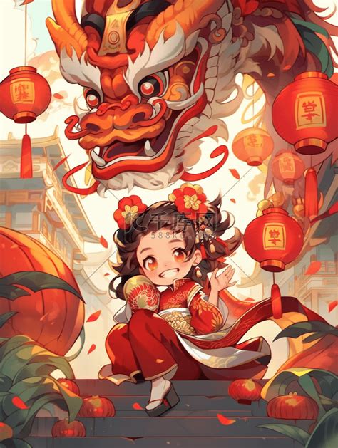 龙年春节中国龙和一小女孩正在过新年插画图片-千库网