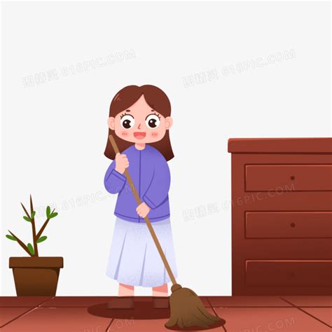 51劳动节少女打扫卫生大扫除室内家庭插画图片-千库网
