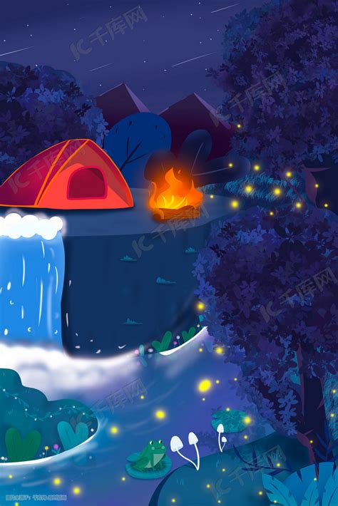 夏季夜晚森林小河边搭帐篷看星星萤光飞舞插画图片-千库网
