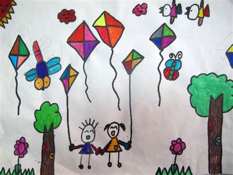 儿童画放风筝简笔画,儿童画放风筝,描绘春天的简易图画_大山谷图库