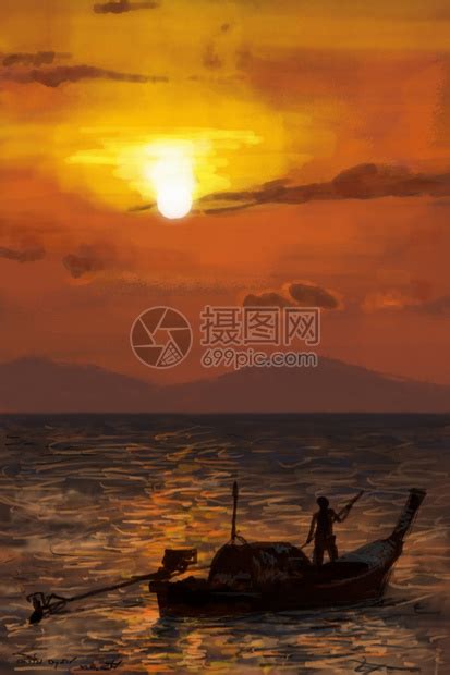 早上日出时在海船的渔民画夏天夫高清图片下载-正版图片307576218-摄图网