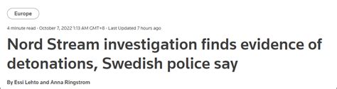 瑞典：发现爆炸证据，“北溪”遭蓄意破坏嫌疑增大