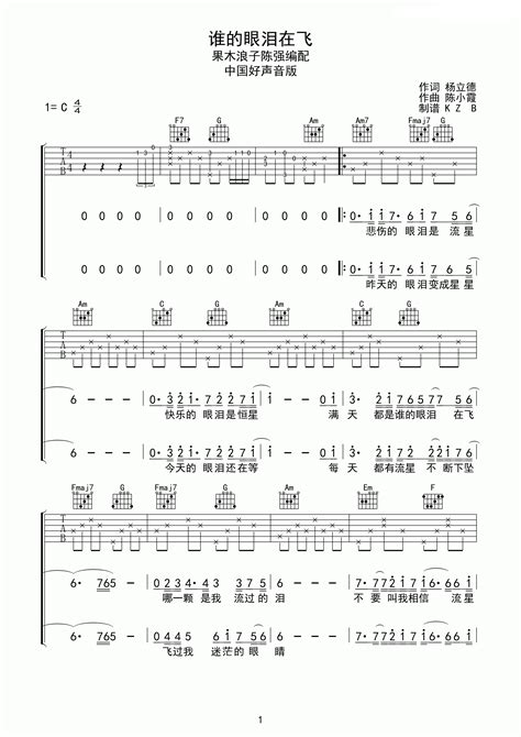 谁的眼泪在飞（C调中国好声音版） - 孟庭苇 - 吉他谱(KZB编配) - 嗨吉他