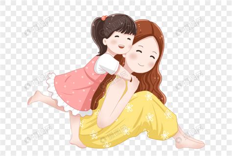 母亲节卡通手绘妈妈女儿亲子互动幸福时光素材图片免费下载-千库网