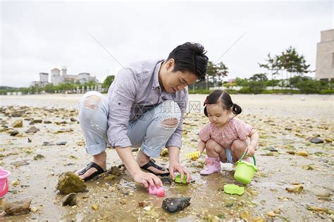 在海边捡石子的一家人高清图片下载-正版图片502217776-摄图网