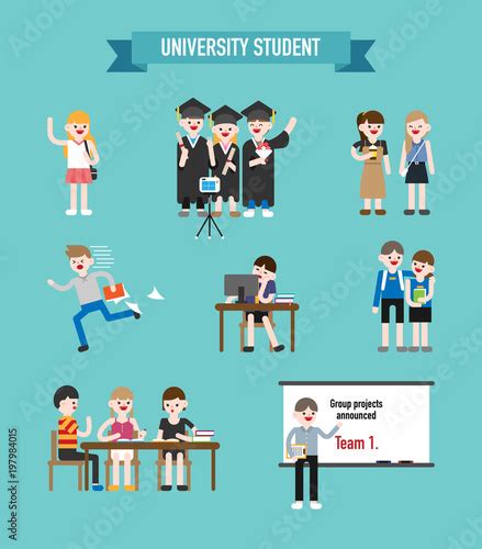 "Campus life of college students. vector flat design illustration set ...