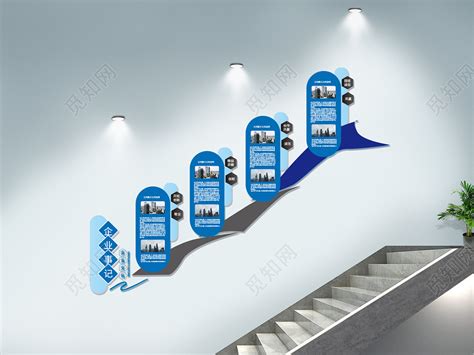 蓝色简洁企业事记企业文化宣传楼梯设计企业楼梯文化墙图片下载 - 觅知网