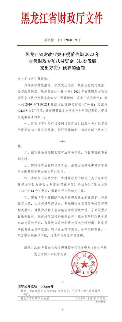 黑龙江省财政厅关于提前告知2020年省级财政专项扶贫资金（扶贫发展支出方向）预算的通知