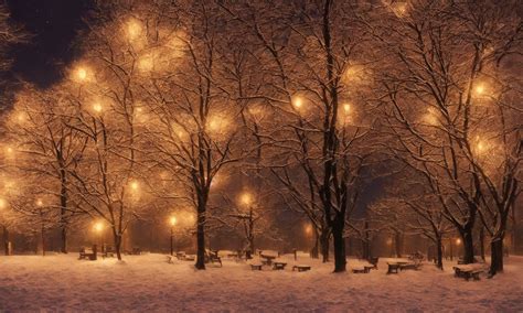 圣诞节氛围中夜晚灯光下白雪覆盖的公园 - AI绘画人工智能图库