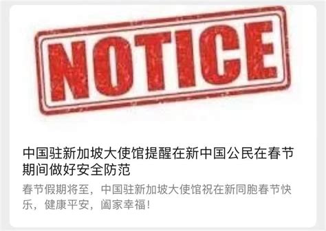 中国驻新加坡使馆提醒在新中国公民：春节期间非必要、非紧急不旅行