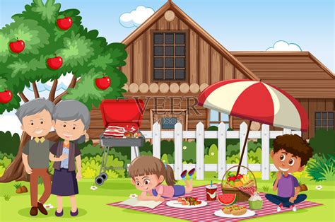 与幸福的家庭在花园野餐的场景插画图片素材_ID:397386622-Veer图库