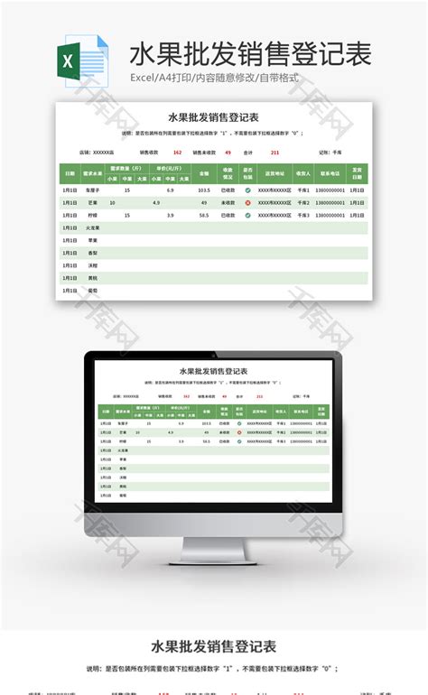 水果批发销售登记表Excel模板_千库网(excelID：169647)