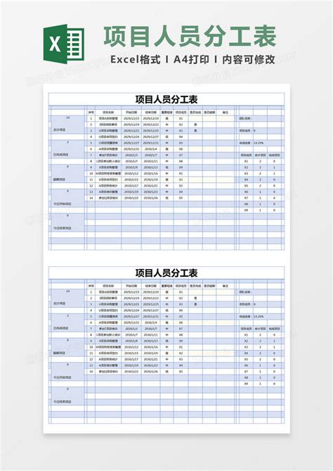 蓝色简约项目人员分工表模版Excel模板下载_熊猫办公