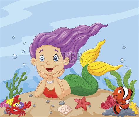 快乐的小美人鱼躺在沙滩上插画图片素材_ID:126255626-Veer图库