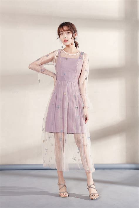 L1629女装新款透视网纱裙两件套 名媛粉色仙女连衣裙2023秋款长裙-阿里巴巴