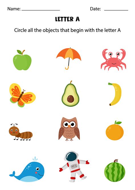 Letter recognition for kids. Circle all objects that start with A ...