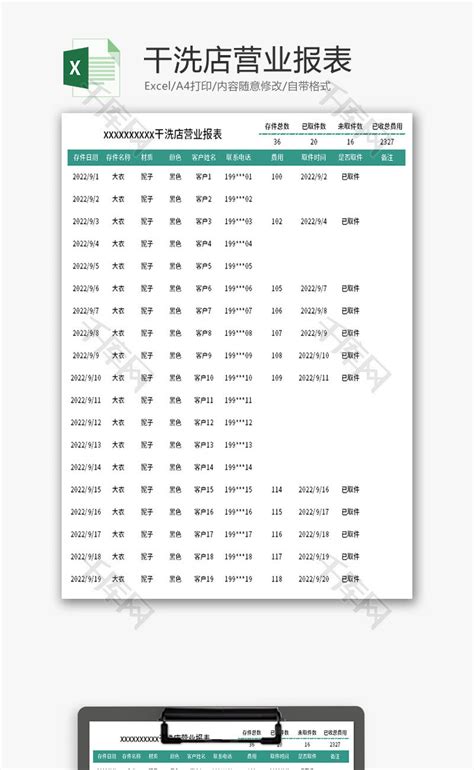干洗店营业报表Excel模板_千库网(excelID：178679)