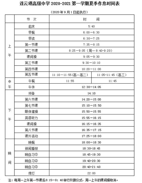 2022-2023下春季作息时间表 - 通知公告 - 连云港高级中学