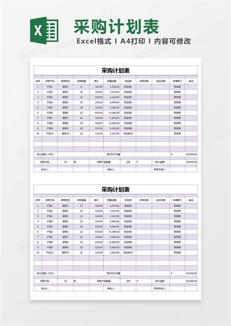 紫色简约采购计划表模版Excel模板下载_熊猫办公