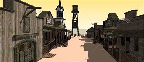 在一个古老的狂野的西部小镇上，有木制建筑的空街道的3D渲染图。照片摄影图片_ID:425369524-Veer图库