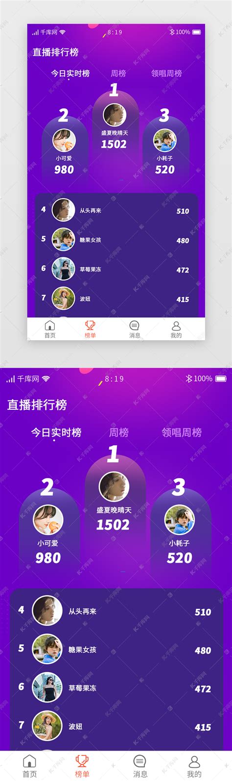 排行榜app主页面渐变、酷炫紫色排行榜ui界面设计素材-千库网