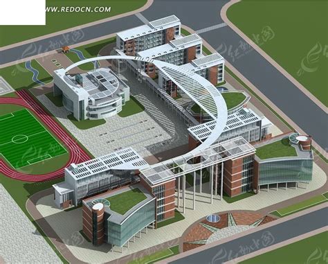现代学校整体规划鸟瞰效果图设计3dmax素材免费下载_红动网