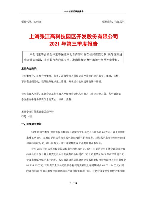 张江高科：2021年第三季度报告
