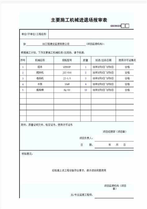 机械进退场报审表监理意见