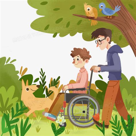 插画风国际残疾人在树林坐轮椅PNG图片素材下载_国际PNG_熊猫办公