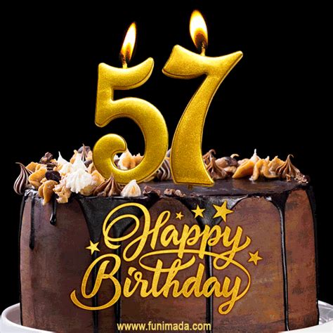 57 Birthday Chocolate Cake with Gold Glitter Number 57 Candles (GIF) | Funimada.com