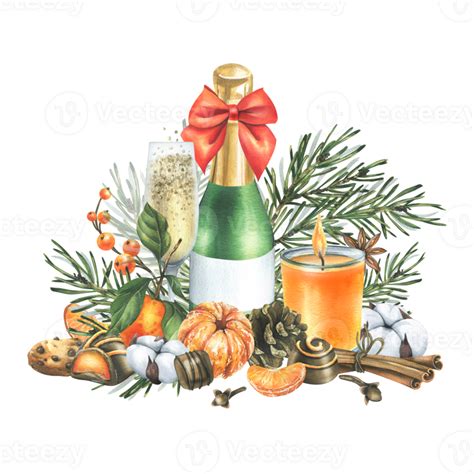 Navidad decoración con mandarinas, champán. dulces y pino sucursales ...