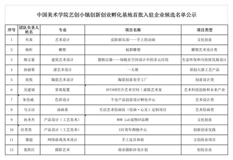 中国美术学院艺创小镇创新创业孵化基地首批入驻企业候选名单公示