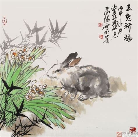 国画名家王向阳 四尺斗方《玉兔祈福》 - 生肖动物 - 99字画网