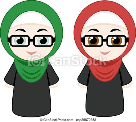Cartoon girls with hijab. Set of cartoon girls with hijabs isolated on ...