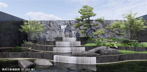 新中式跌水景观 叠水景墙 景观石头 庭院景观小品SU模型 跌水喷泉SU模型