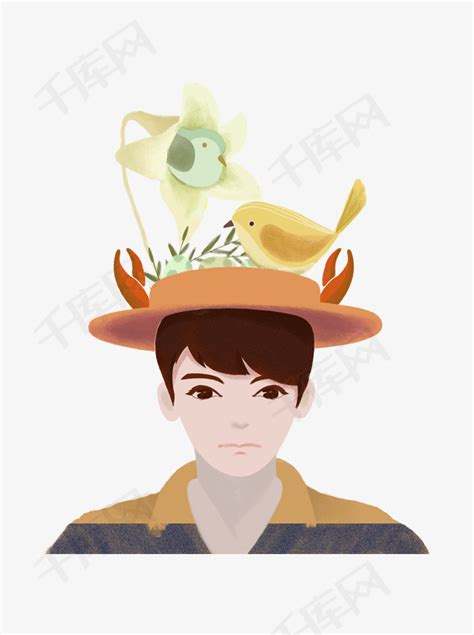 创意男孩帽子上的花朵鸟儿元素素材图片免费下载-千库网