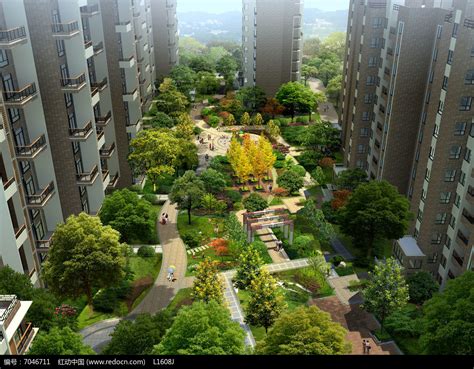 居民区绿化效果图—高楼下的草坪道路和绿树psd素材免费下载_红动中国