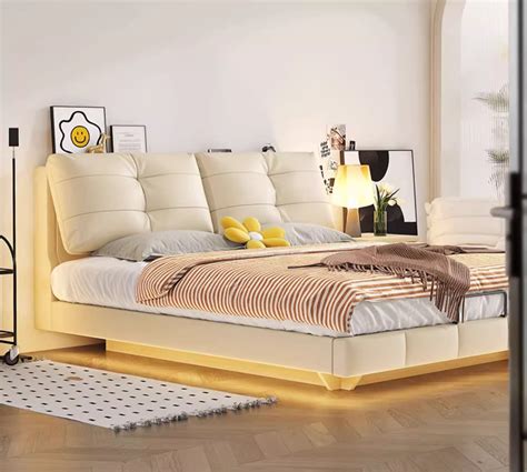 奶油真皮悬浮储物双人床现代简约科技布艺床ins网红软床-阿里巴巴